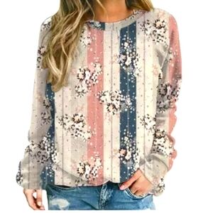 New Women Plus Size Boho Floral Patchwork Sweatshirts Cozy Cotton Tops Crewneck